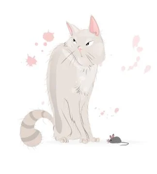 White Cat and a mouse Vector cartoon character. Pussy cat annoyed looks Illustrazione stock