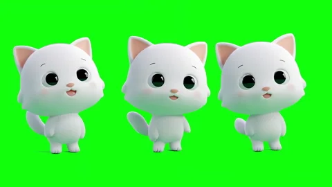 White cat characters isolated on green screen background, chroma key, keyable Видео 331519132