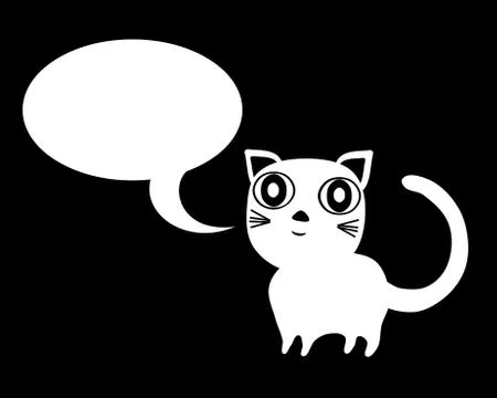 White cat with communication bubble on black background Stock Illustration
