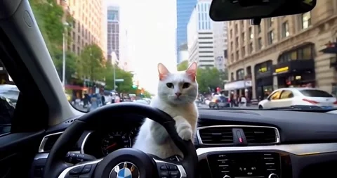 A white cat drives in a car through a busy downtown street with tall buildin Stock Footage 280798779