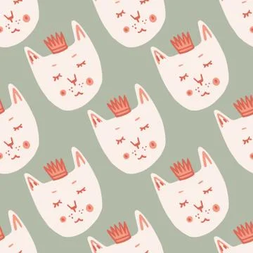 White cat faces with crowns seamless doodle pattern. Stylized print with ligh Stock Illustration
