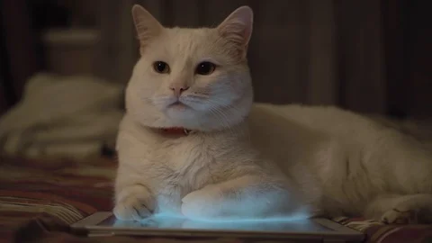 White cat lying on the tablet Stock Footage 102112162