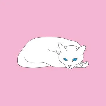 A white cat is napping. Vector portrait of a white cat with blue eyes on a pink Stock Illustration