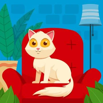White Cat On Red Couch Stock Illustration