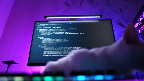 White cat sitting on desk in front of computer monitor with coding screen Stock Footage 325802500
