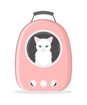 A white cat sitting in a plastic pink carrier backpack Stock Illustration