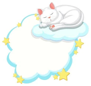 White Cat Sleeping Peacefully on Cloud with Stars Stock Illustration