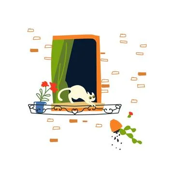 A white cat on the window drops a flower pot Stock Illustration