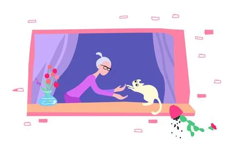A white cat on the window drops a flower pot. Flat colorful Vector illustration Stock Illustration