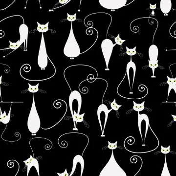 White cats on black, seamless pattern for your design Stock Illustration