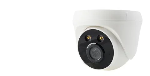 White CCTV perspective to the right side with copy space on isolated backgroun Stock Photos