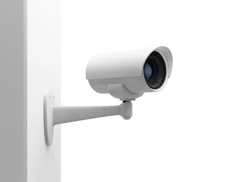 White CCTV security camera on the white wall, 3d rendered Stock Illustration