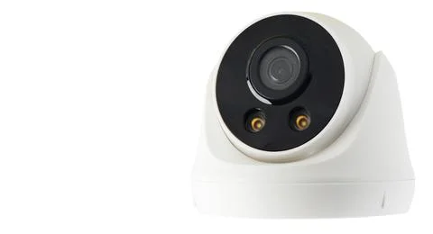 White CCTV stand up position perspective to the right side with copy space on Stock Photos