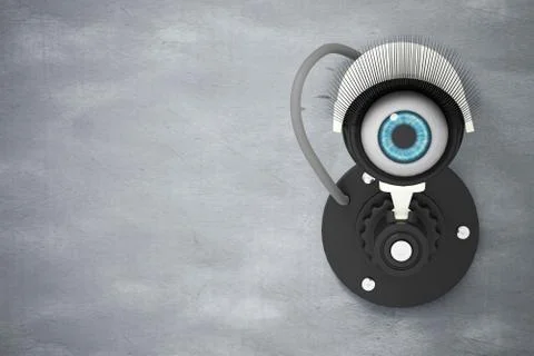 The white CCTV system installed on the cement wall with the eyes. Stock Illustration