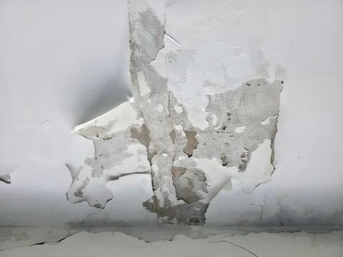 White ceiling with severely peeling paint and exposed concrete Foto stock