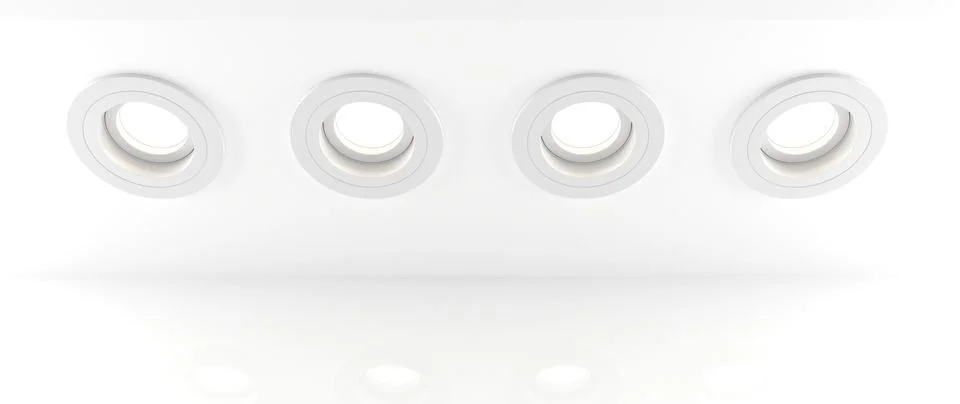 White ceiling spot lights 3D render. Realistic mockup of recessed round Illustrazione stock