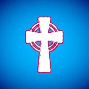 White Celtic cross icon isolated on blue background. Happy Saint Patricks day Stock Illustration