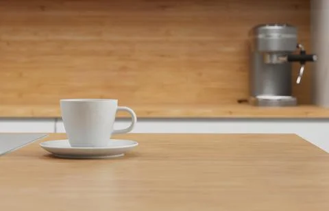 White Ceramic 3D Rendered Coffee Cup On Small Plate In Kitchen Stock Photos
