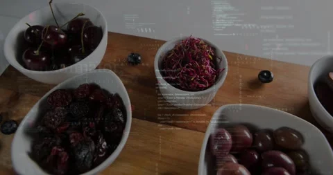 White ceramic bowls staying static while faint code overlay appearing, drifting, Stock Footage 320916359
