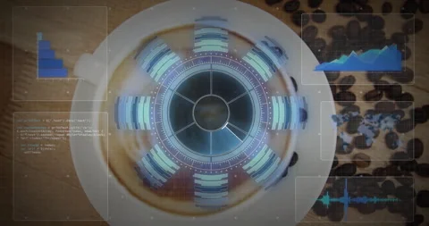 White ceramic coffee cup being animated with floating digital HUD elements over Stock Footage 307447308