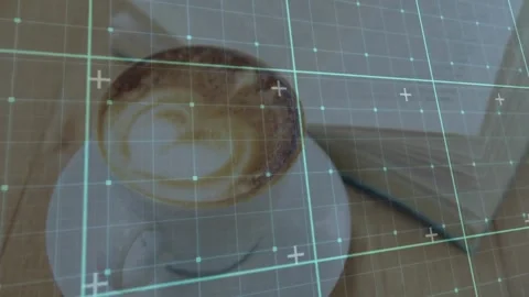 White ceramic coffee cup being scanned on wooden table in flat design with Stock Footage 329127571
