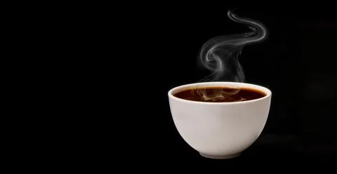 White ceramic coffee cup filled with hot beverage on black background. Simple Illustrazione stock
