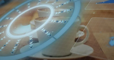 White ceramic coffee cup floating on wooden table, showing frothy cappuccino and Stock Footage 307447116