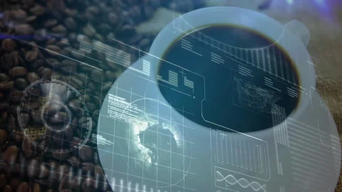 White ceramic coffee cup resting on saucer, showing futuristic HUD graphics over Stock Footage 307445190