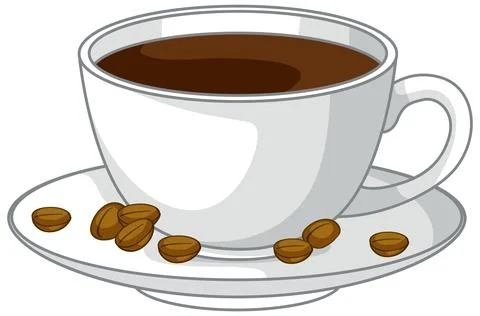 White Ceramic Cup of Black Coffee with Roasted Coffee Beans Stock Illustration