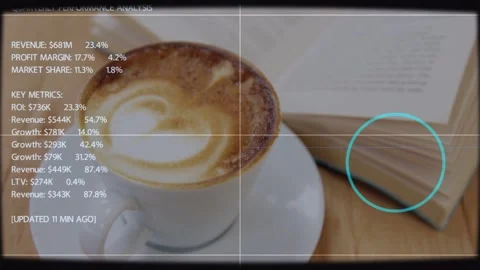 White ceramic cup sitting on wood table, grid fading in and forming finance Stock Footage 333901426