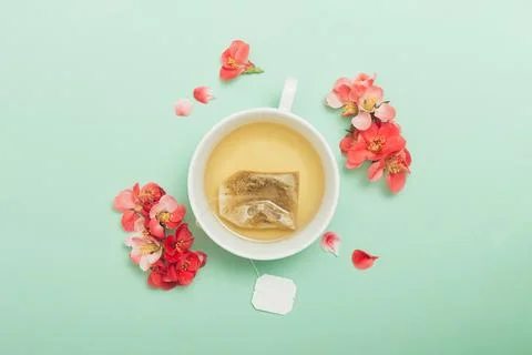 White ceramic cup with tea and red flowers on a pastel green background. Flow Stock Photos