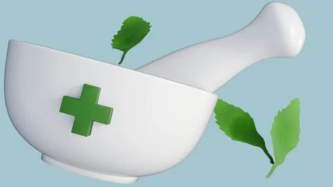 A white ceramic mortar with several green, leaves Stock Illustration