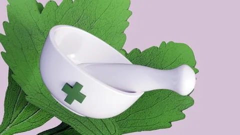 A white ceramic mortar with several green, leaves Stock Illustration