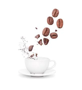 White ceramic mug, cup with splashes of liquid coffee and coffee beans, isolated Stock Photos