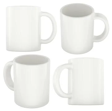 White ceramic mug, mockup set. Multiple angles front, side. 3D rendering Illustration