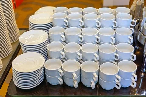 White Ceramic Mugs Plates Stock Photos