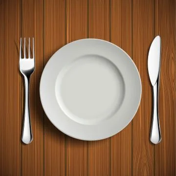 White ceramic plate, fork and knife on a wooden table. Table lay Stock Illustration