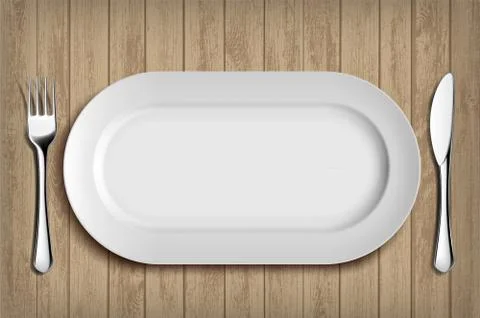 White ceramic plate, fork and knife on wooden table. Menu backgr Illustrazione stock
