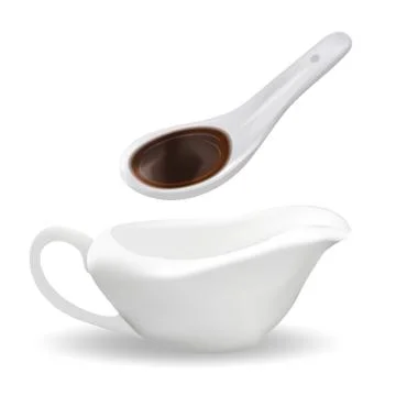 White ceramic spoon with soy sauce and sauceboat. 3d realistic style. Asian Stock-Illustration