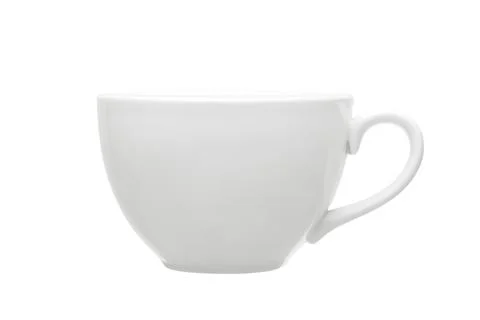 White ceramic tea cup with a minimalistic design and a round shape isolated. Stock Photos