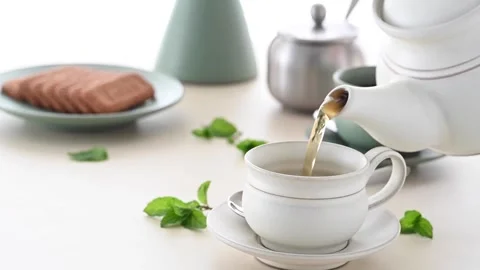 White Ceramic Tea Service Mint Leaves Biscuits Silver Sugar Container Stock Footage 337514364