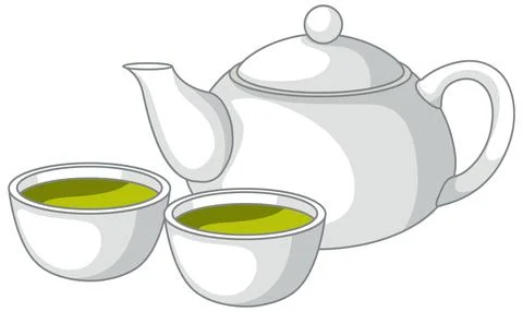 White Ceramic Teapot with Two Small Cups of Green Tea Stock Illustration