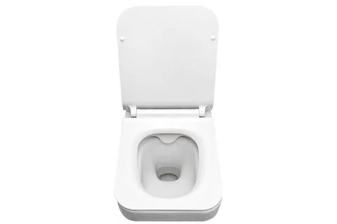 White ceramic toilet with an open flap, isolated on a white background with c Stock Photos
