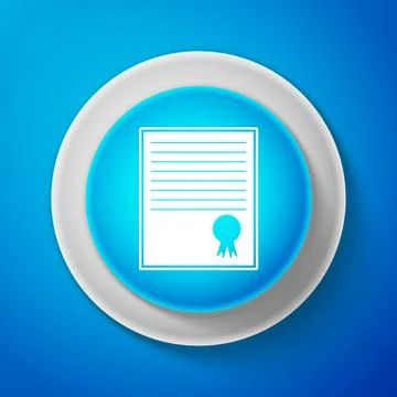 White Certificate template icon isolated on blue background. Circle blue button 스톡 일러스트