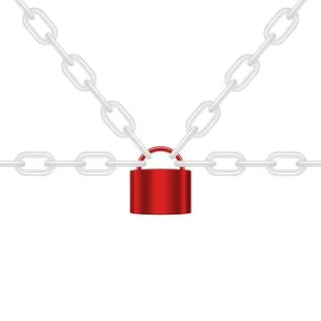 White chains locked by padlock in red design Illustrazione stock