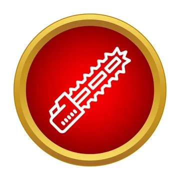 White chainsaw line icon on a round red button with gold border Stock Illustration