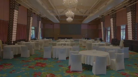 White chair and table ready for corporate events in banquet hall Stock Footage 318643853