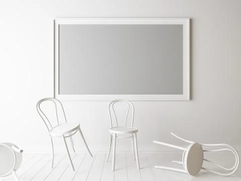 White chairs and empty frame in a room. 3d rendering,unemployment mock up Stock Illustration