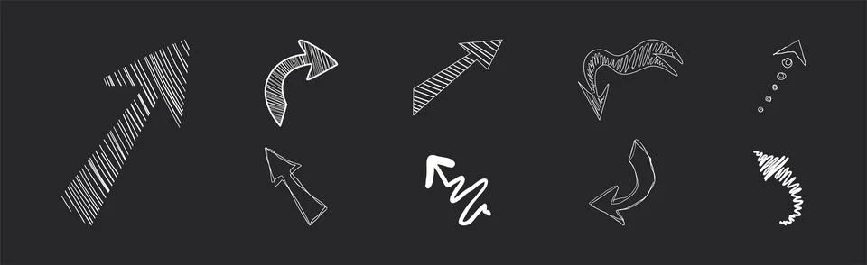 White Chalk Arrows Design Elements on Black Background Vector Set 스톡 일러스트