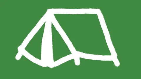 White chalk camping tent outline icon drawn isolated on green screen chalkboard Stock Footage 335900512